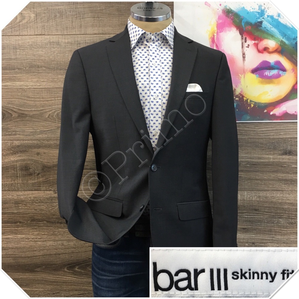 BAR III Mens Blazer Sport Coat Casual Jacket Size 40L Skinny Fit Gray Wool Suit